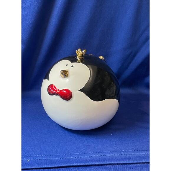 Round Porcelain Black and White Penguin Coin Bank - Picture 3 of 7